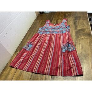 Sister Mary Dress Womens Small Red Striped Embroidered Boho Tunic Artsy Travel